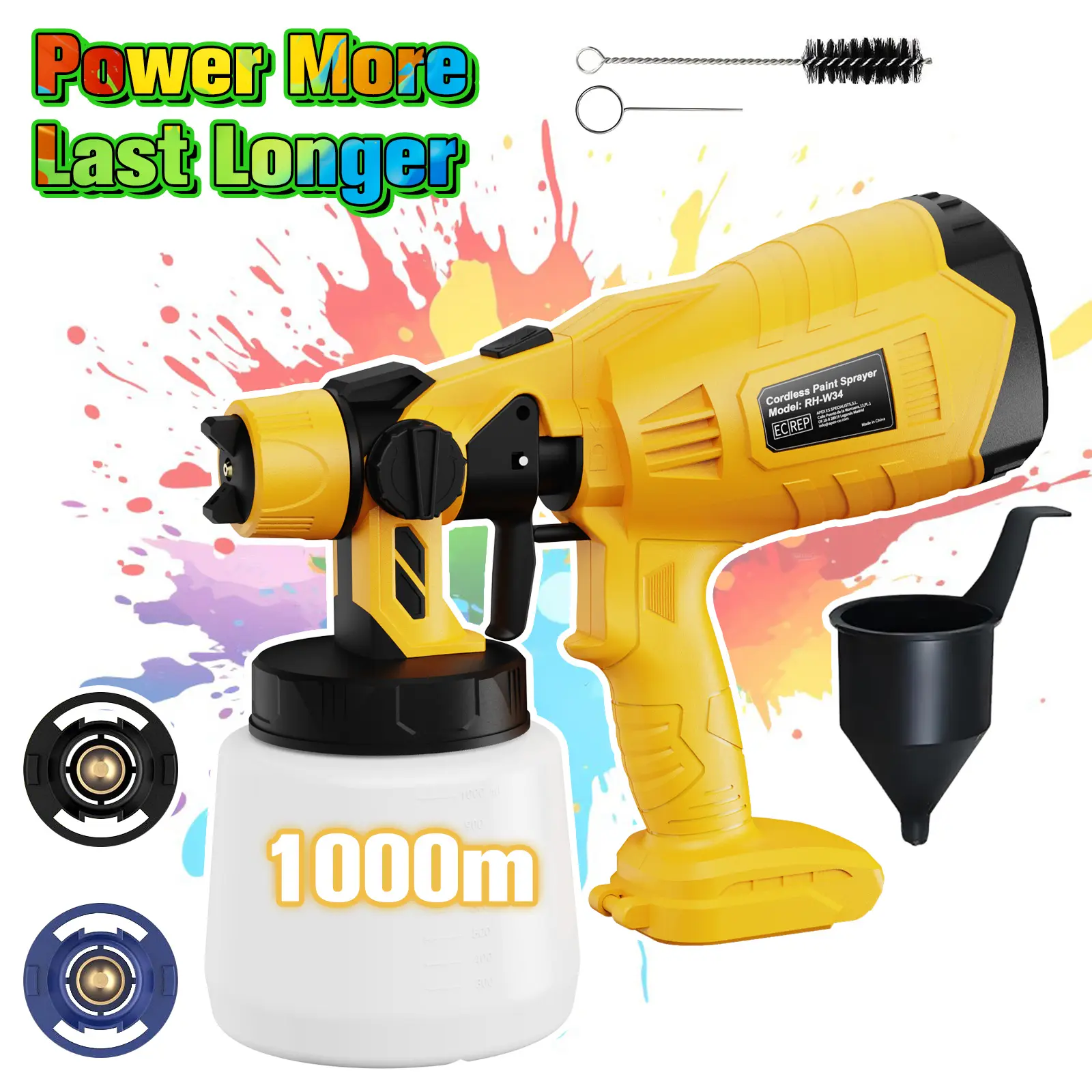Outdoorfun Cordless Paint Sprayer for Dewalt 20V MAX Battery, 30000RPM HVLP Spray Gun with 2 Copper Nozzles & 3 Spray Patterns, Ideal for Water-Based Paints, Perfect for Furniture, Home Walls & DIY Projects