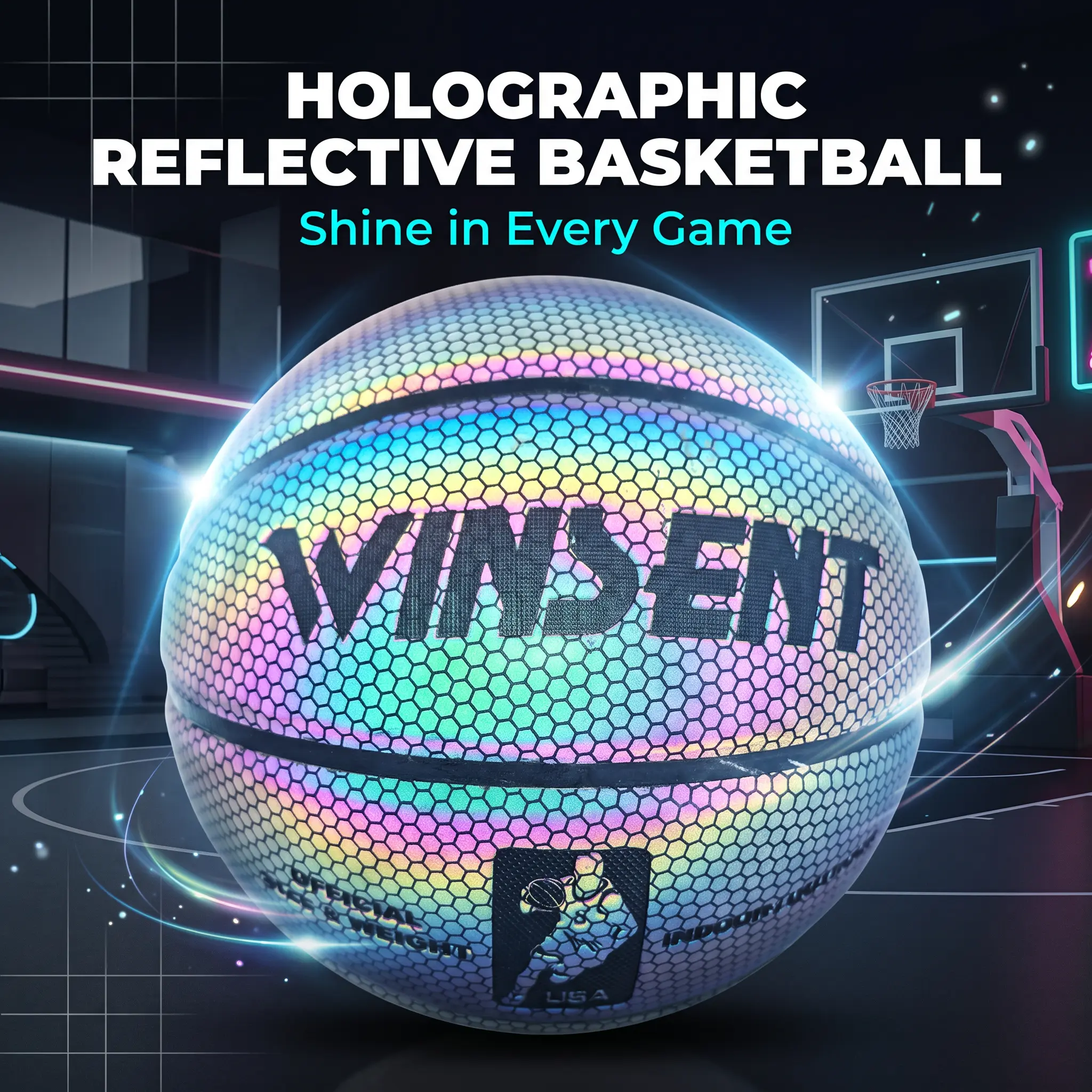 Holographic Reflective Basketball Size 7, Glowing Light Up Basketball for Night Play, Anti Slip Wear Resistant Luminous Street Basketball, Cool Rainbow Reflective Basketball Gift for Teen Basketball Players Outdoor Indoor Court Training Game