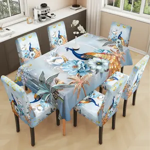 2/5/7PCS restaurant chair tablecloth cover, light luxury and gorgeous peacock flower pattern print, elastic polyester fiber sliding cover, sewn closed, detachable cleaning, suitable for home, office, hotel chair decoration, Chair Covers Set