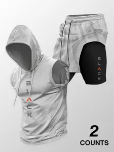 Two-Piece Set Men's Activewear Hooded Tank Top & Shorts Set, Regular Fit Fitted Graphic Casual Sleeveless Top & Shorts, Men's Clothing Set for Summer