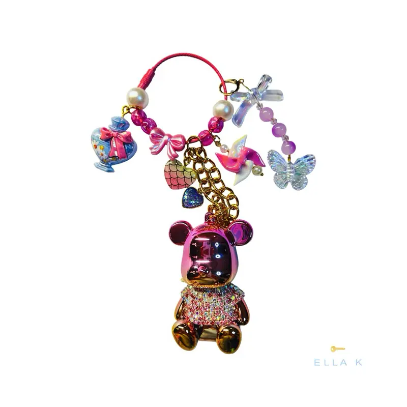 Gemmy Girl Charm Edit / Mirrored Pink-to-Gold Ombré Bear Bag Charm / Pink Iridescent Rhinestone Tee Gemmy Girl Bear / Soft Girl Coquette Accessory Handbag Charm / Fashion Accessory
