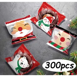Christmas Cellophane Cookies Treat Bags Self - adhesive Treat Bags,Cellophane Sweet Cone Style with Santa Claus, Snowflake, Snowman & Bear for Holiday Party
