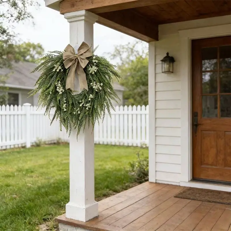 Natural-simulated fern waterweed wreath, suitable for use at doorways, walls, windows, festival porches, cabins and seasonal gardens. Perfectly matched for weddings, engagements, home decorations and event occasions. Classic style, made of plastic materia