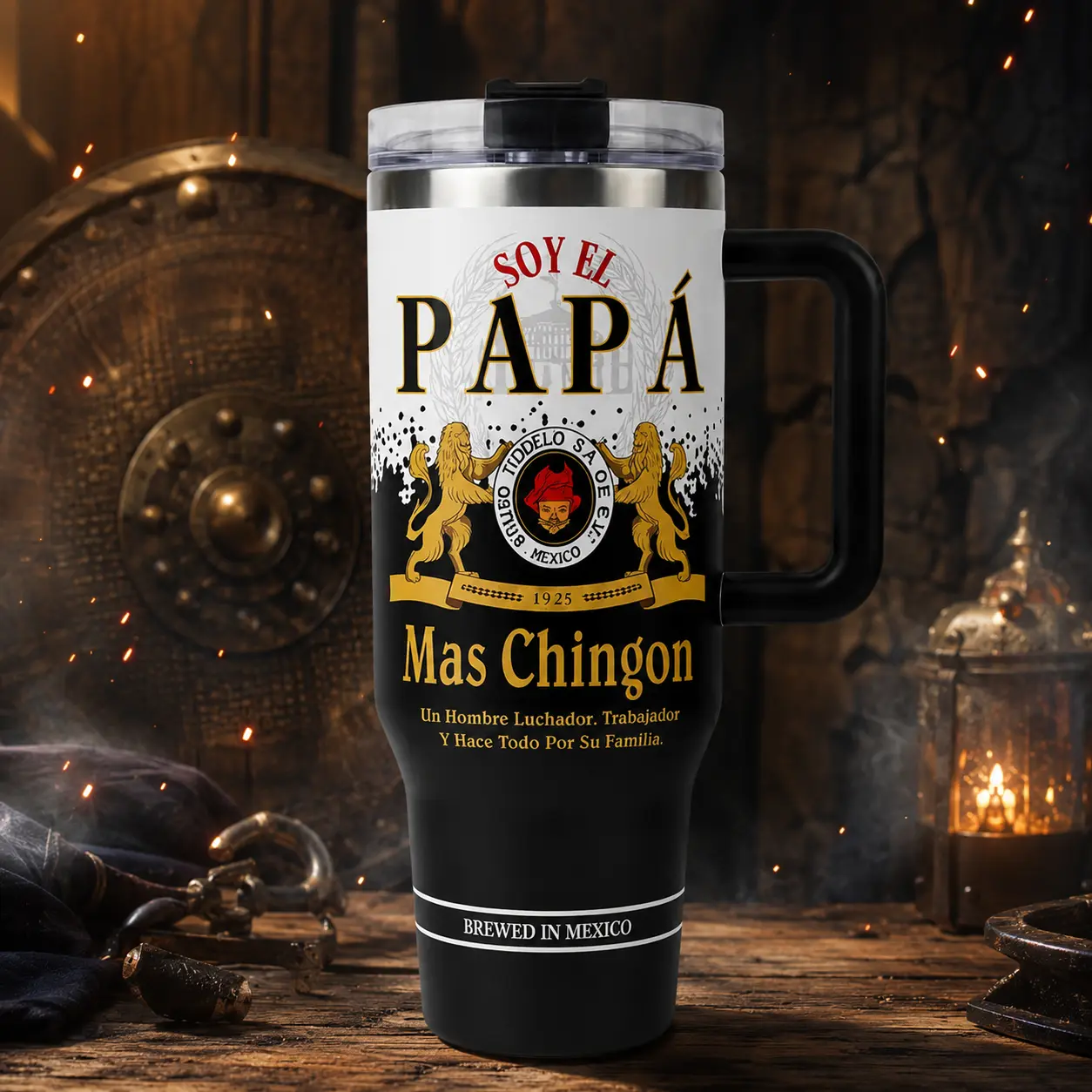 40oz El Papa Mas Chingon Tumbler with Handle and Lid, Stainless Steel Insulated Travel Mug, Spanish Dad Gift for Father’s Day