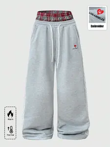 Unisex Plaid Patchwork Drawstring Waist Pants, Comfortable Straight Leg, Elastic Waistband and Pockets, Casual Regular Fit for All Seasons