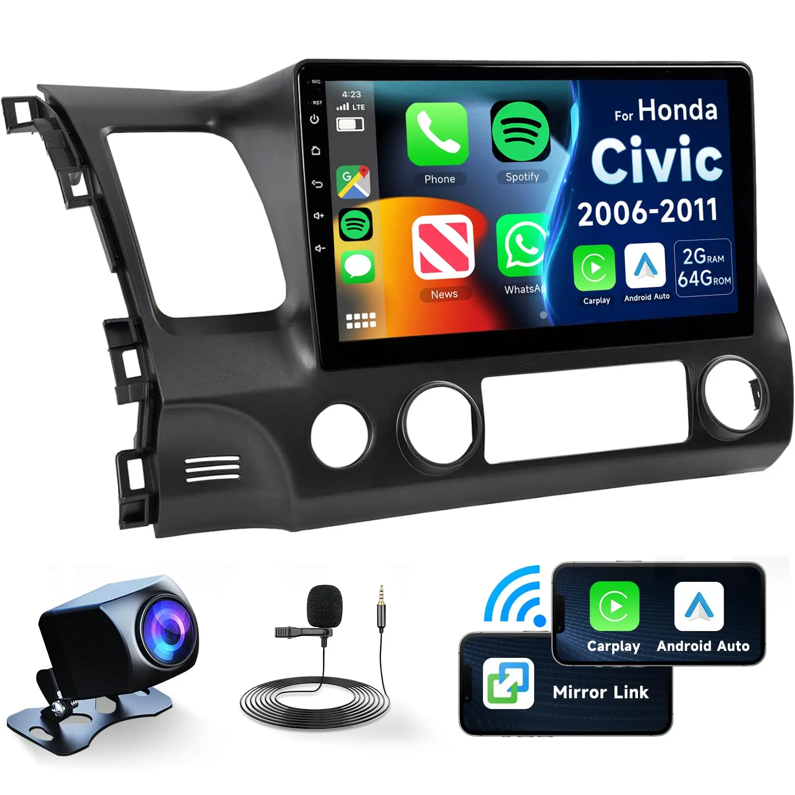10.1in Android 13 Quad-Core CPU Car Radio Stereo for Honda Civic 2006-2011, 2+64G HiFi Car-Mounted Infotainment Display with Wireless CarPlay, Android Auto, GPS Navigation, WiFi, FM/RDS, SWC, HD Rear Camera, External Mic, Bluetooth, Plug-and-Play, Car-Mou