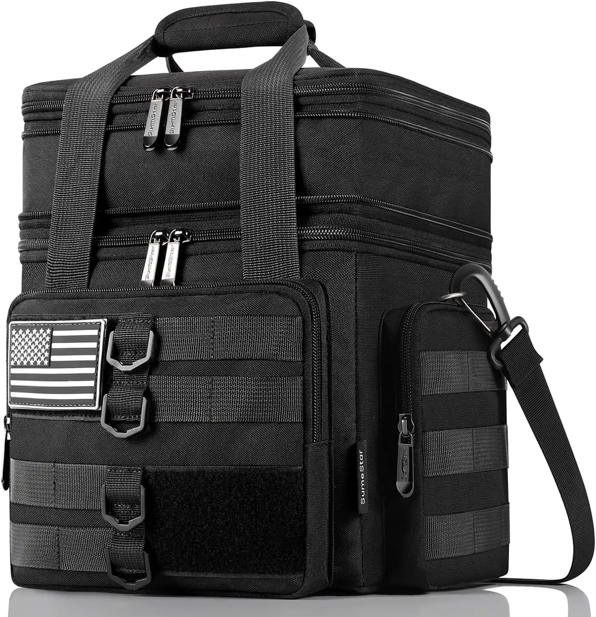 Tactical Lunch Box for Men, Large Insulated Lunch Bag for Adult, Heavy Duty Double Deck Expandable Lunch Cooler Bag with American Flag, Leakproof Soft Lunch Pail for Work Office Camping - Black