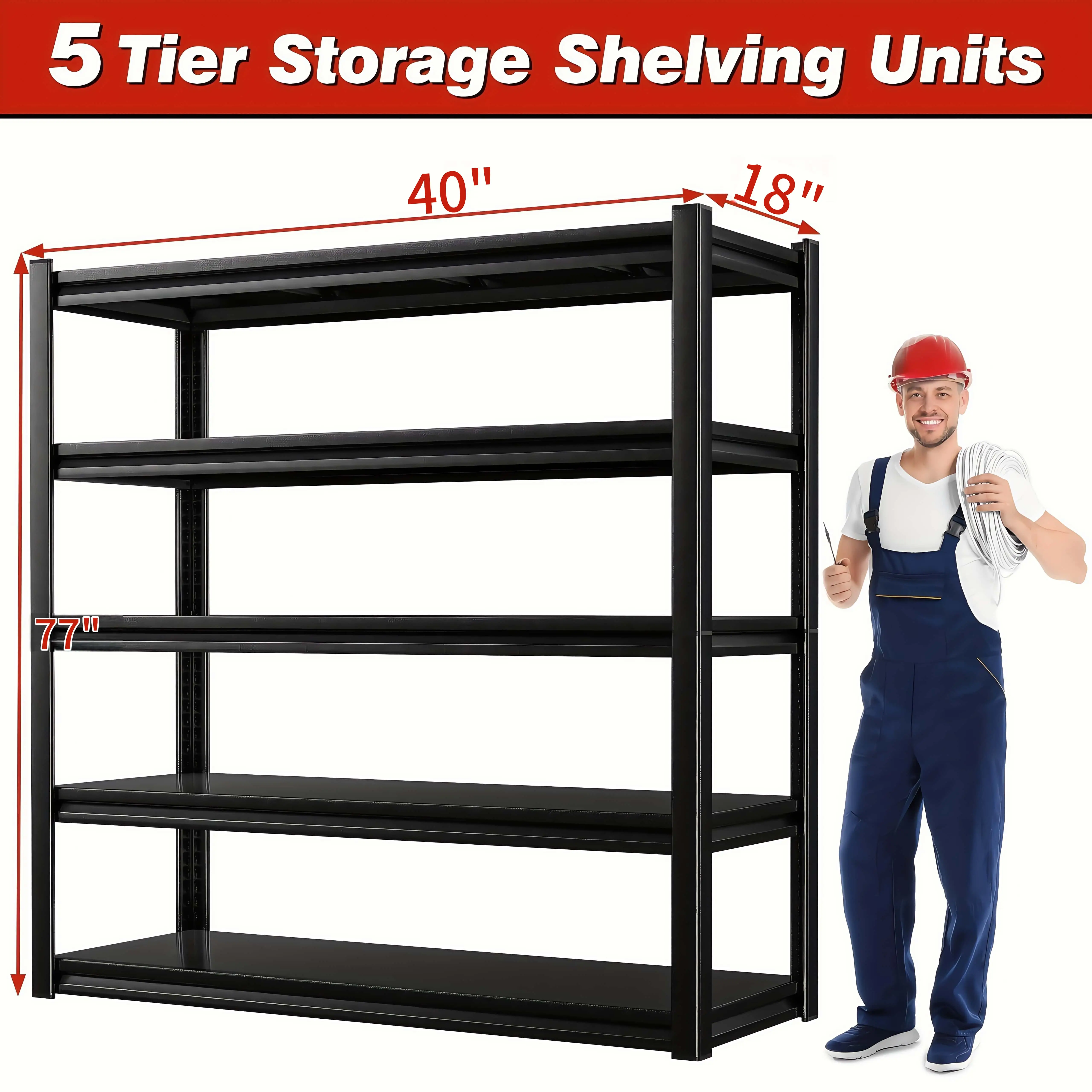 Garage Shelving, Heavy Duty Industrial Shelf, 5-Tier Adjustable Metal Storage Rack For Warehouse, Basement, Shop Organization (77" H X 40" W X 18" D)