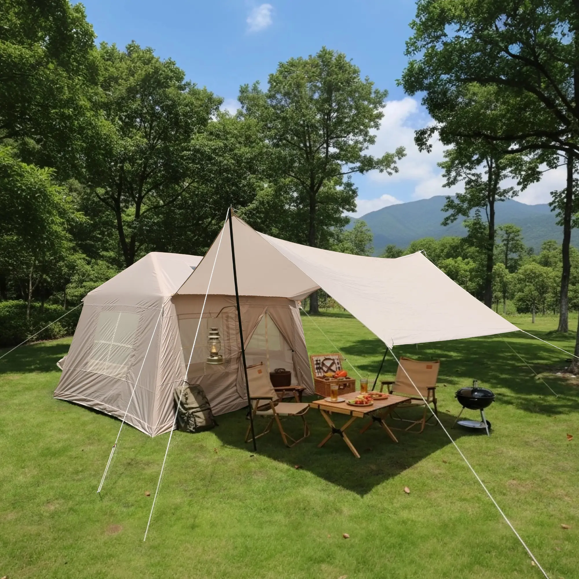 Cotton Canvas Camping Tent 5.72m², Easy Setup Inflatable Air Tent for 4 Season Glamping - Windproof Outdoor Tent with Stove Jack, Mesh Windows & Electric Pump for Family, Backpacking, Wilderness