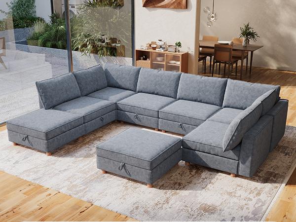 4-8 Seat Modular Sectional Sofa with Storage, Sturdy Solid Wood Structure, Modular Sectional Sofa Cloud Couch Washable, Spacious Couches for Living Room, Apartment, Loft, Grey