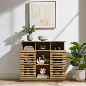 36.1-Inch Chic Farmhouse Classic Vintage Country Rustic Double Door Sideboard Buffet Cabinet - Adjustable Shelves, Natural Wood MDF Storage Credenza, Vintage Lattice, 11.1"D x 36.8"W x 32.9"H, for Kitchen, TV Media Console, Adjustable Shelves Sideboards,