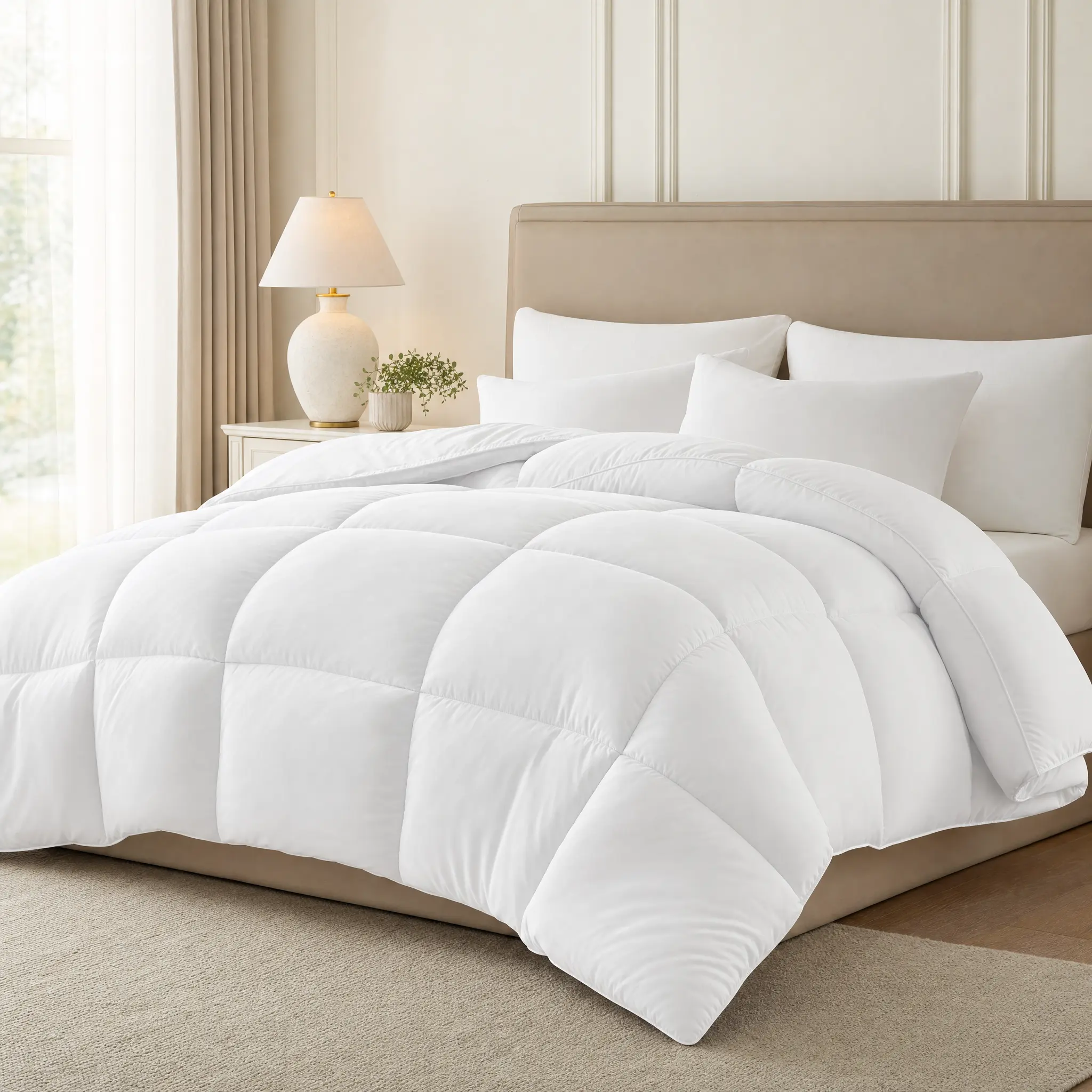 Goose Down Feathers Comforter, 100% Cotton Down-Proof Cover, 300GSM All-Season Gusseted Bedding with 3D Box-Stitch