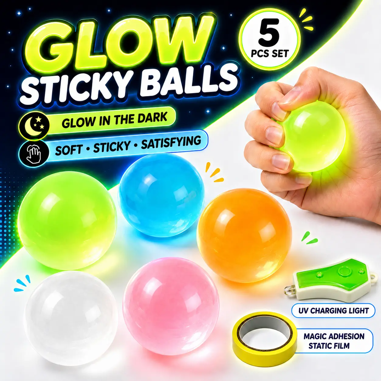 Glow Sticky Balls, 5-Pack Glow-in-the-Dark Balloon Squishy Toys, Washable Reusable Sensory Fidget Balls, Lights-Out Fun Without Turning on the Lights