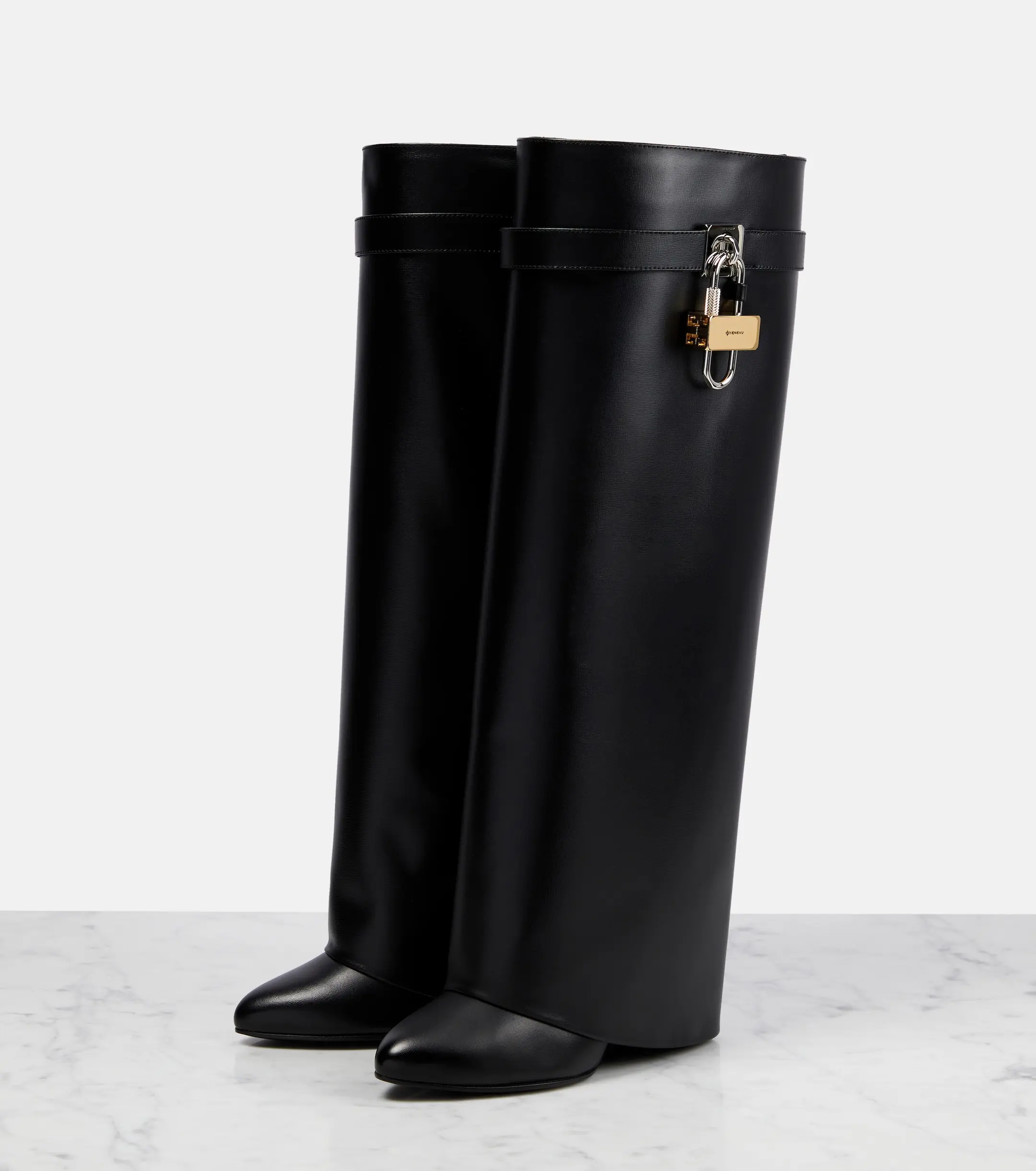 Fashion Wide Calf Overlay Wedge Knee High Heel Fold Over Shark Lock Boots With Lock Winter