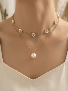 Dainty accessories Flower Pearl Layered Necklace for Women, Stainless Steel & Alloy Chain with Glass Pearl Beads, Non Tarnish Elegant Double Layer Jewelry, Lightweight Floral Design for Daily Wear & Gift daughter