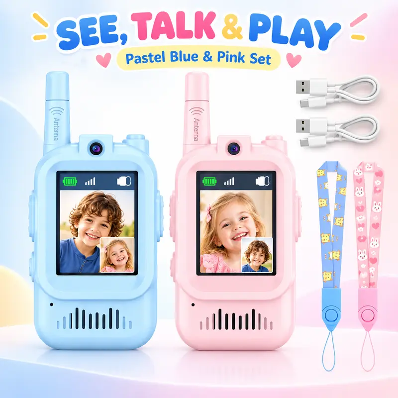 Kids' Durable 2-Pack Rechargeable Video Walkie Talkies - USB-C Charging, Plastic Build, Auto-Pair, Long-Range, Video Intercom, Voice Effects, Ideal Outdoor Gifts for 3-12 Yrs, Indoor & Outdoor Use