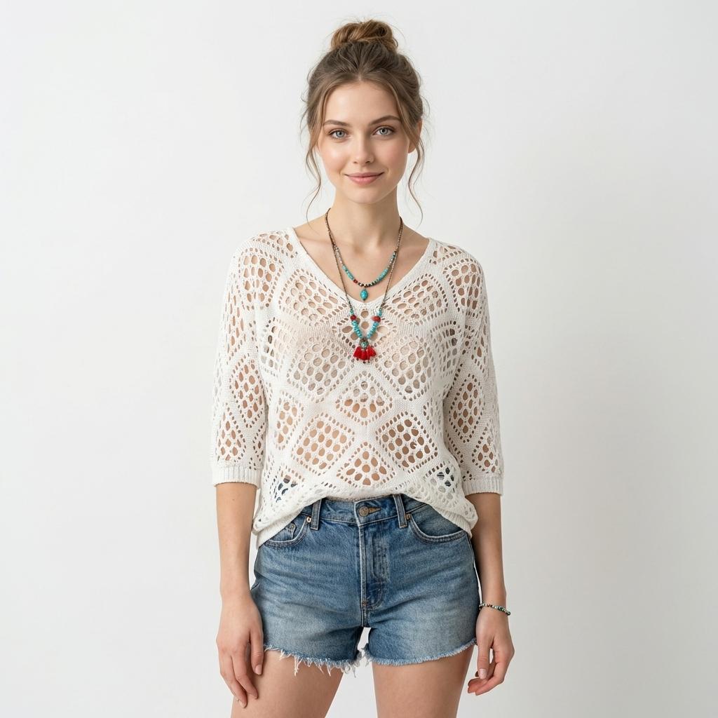 Women's Crochet V-Neck Hooded Sweater - Lightweight Hollow Out Mesh Knit Top Batwing Half Sleeve Slouchy Pullover - Y2K Boho Chic Summer Beach Cover Up Festival Outfit See-Through Knitwear - Plus Size Options