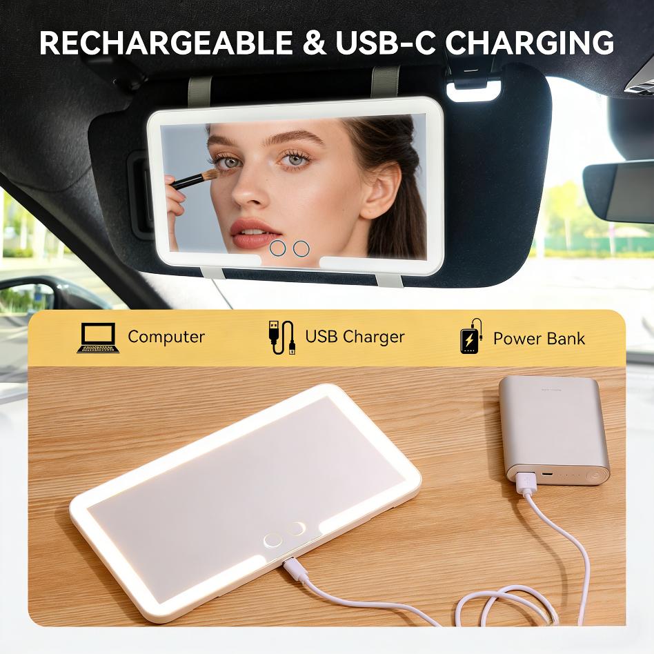 Car Sun Visor Makeup Mirror, LED Touch Screen Adjustable Brightness Auto Interior Makeup HD Mirror, Rechargeable Vanity Mirror | Girly Car Accessories | Car Stuff