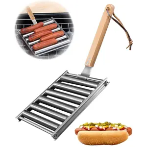 Hot  Roller, Sausage Roller for Grill, Stainless Steel BBQ Hot  Griller with Extra Long  Handle, Evenly Cooked Hotdogs, 6 Rollers for 5 Hot Dogs