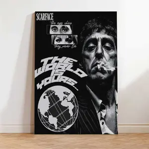 Scarface Tony Montana The World Is Yours Canvas Poster Iconic Movie Quote + Eyes They Never Lie, Black & White Grunge Wall Art for Gangster Film Fans