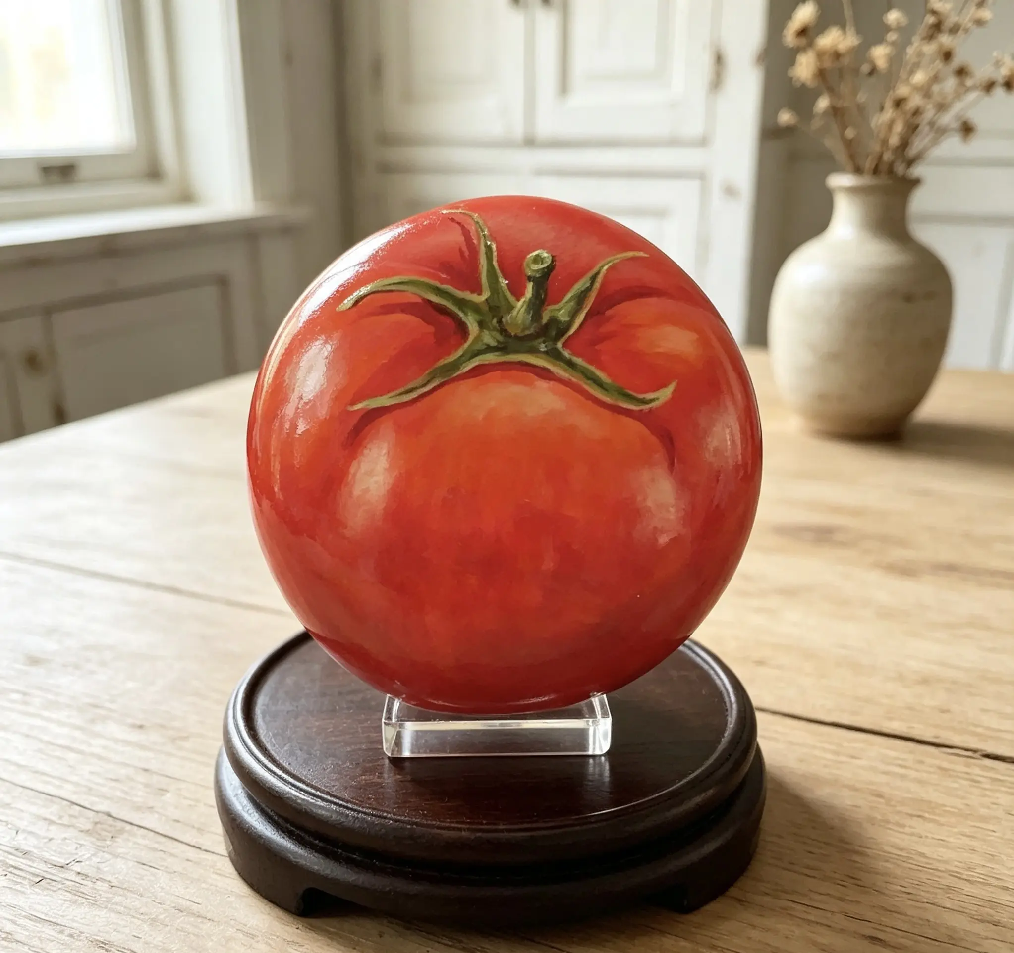 Hand Painted Tomato Stone Decor, Realistic Fruit Stone Ornament, Farmhouse Tabletop Home Decor
