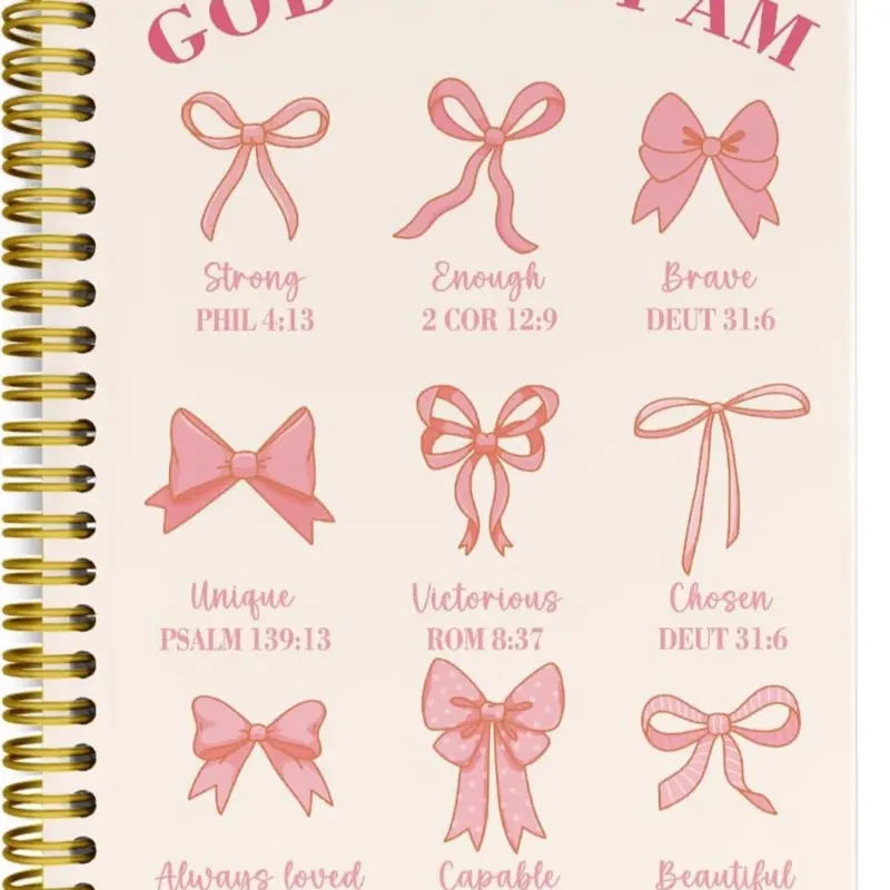 God Says I Am Journal with Pink Bow Design, Inspirational Quotes from Philippians, 2 Corinthians, Romans, and Deuteronomy, Spiral Binding