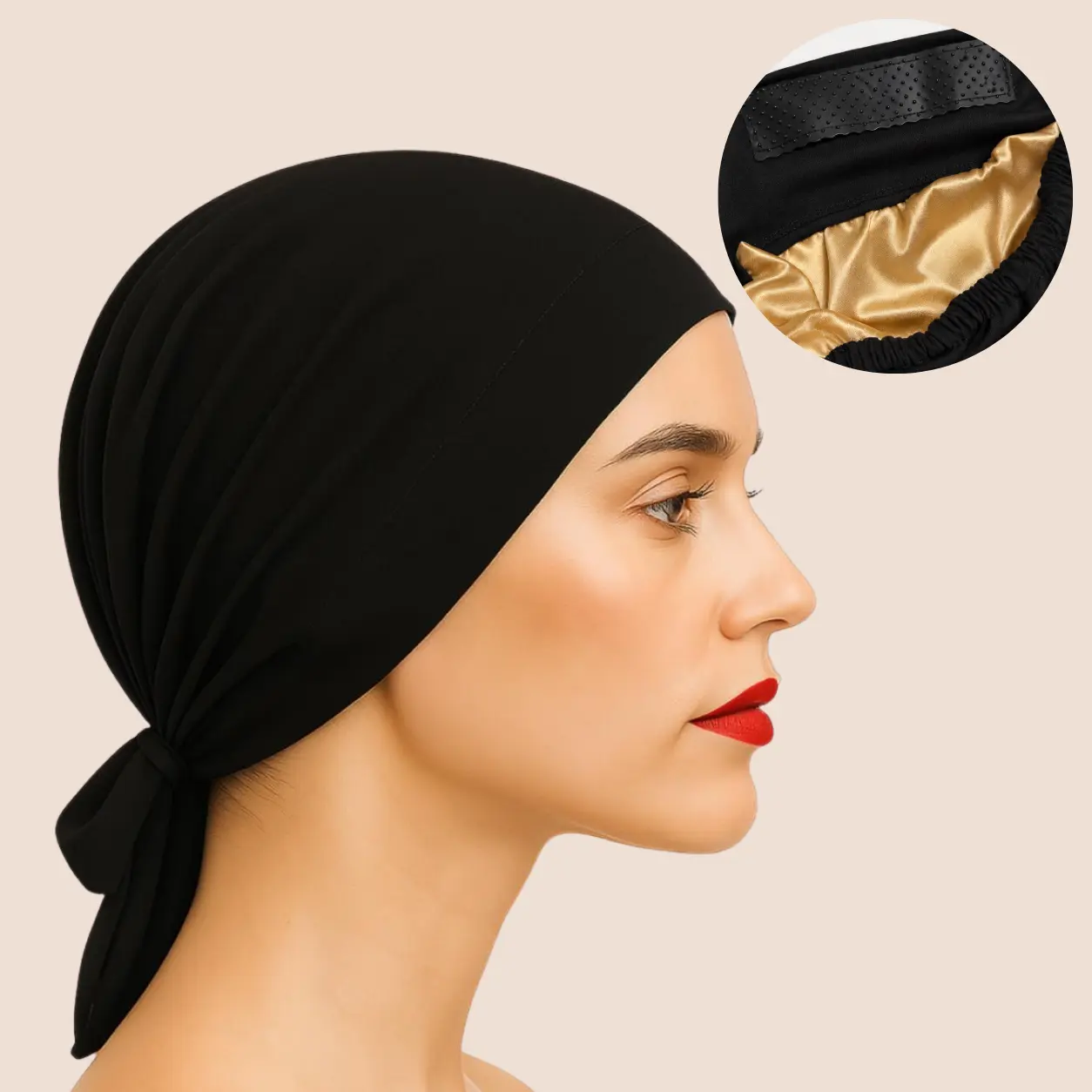 The satin Grip Cap – Black | Non-Slip Hijab Undercap with Silicone Grip & Tie-Back by Get A Grip