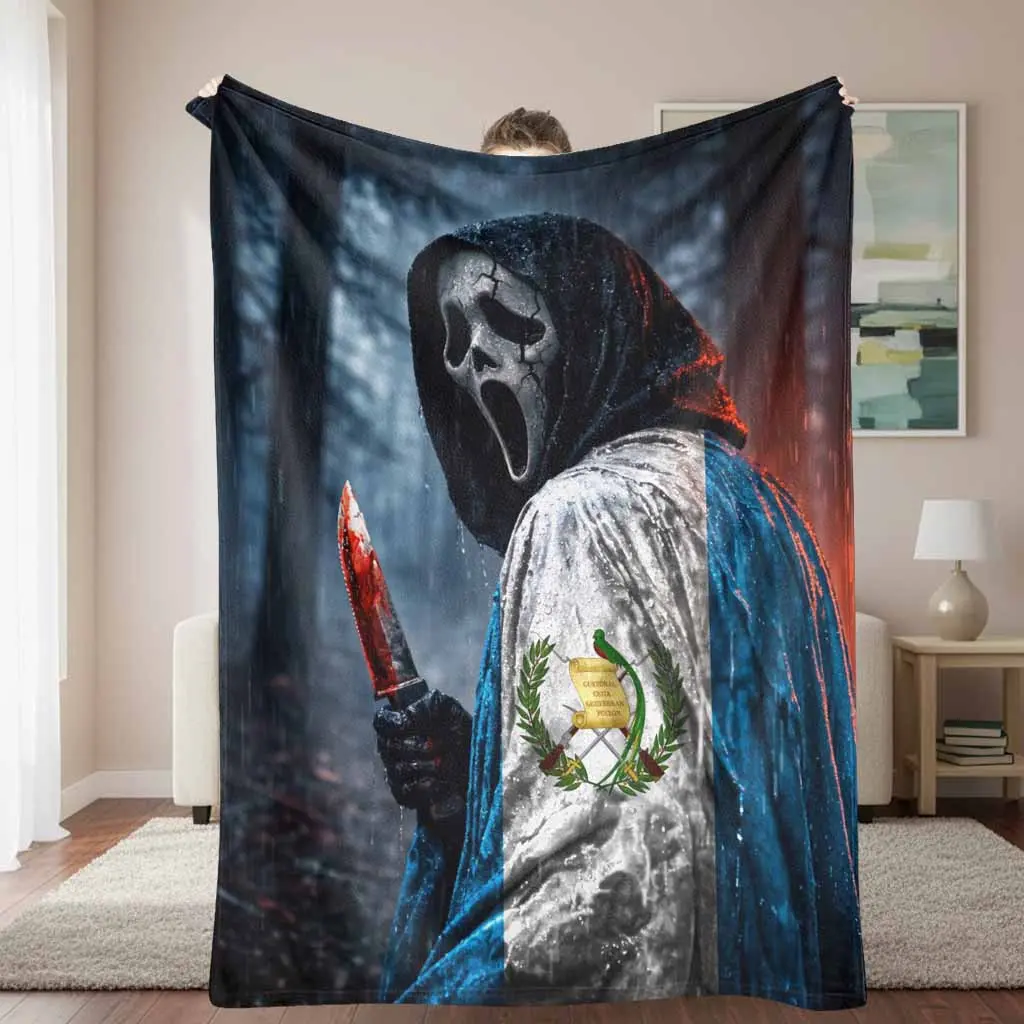 Guatemalan Flag Patterned Fleece Blanket Mystery Dark Hooded Silhouette Print Ultra Soft Warm Plush Texture Breathable Lightweight Bed Couch Sofa Living Room Decor Travel Essential Holiday Gift Giving