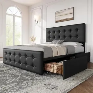 Full Size Bed Frame with 4 Drawers and Adjustable Headboard,PU Leather Upholstered Platform Bed with Button Tufted Design,No Box Spring Needed,Strong Wooden Slats,Black