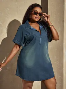 Plus Size Gradient Denim Shirt Dress, Loose Fit Half Zip Pocket Short Skirt, Casual Summer Fashion, Comfortable and Stylish