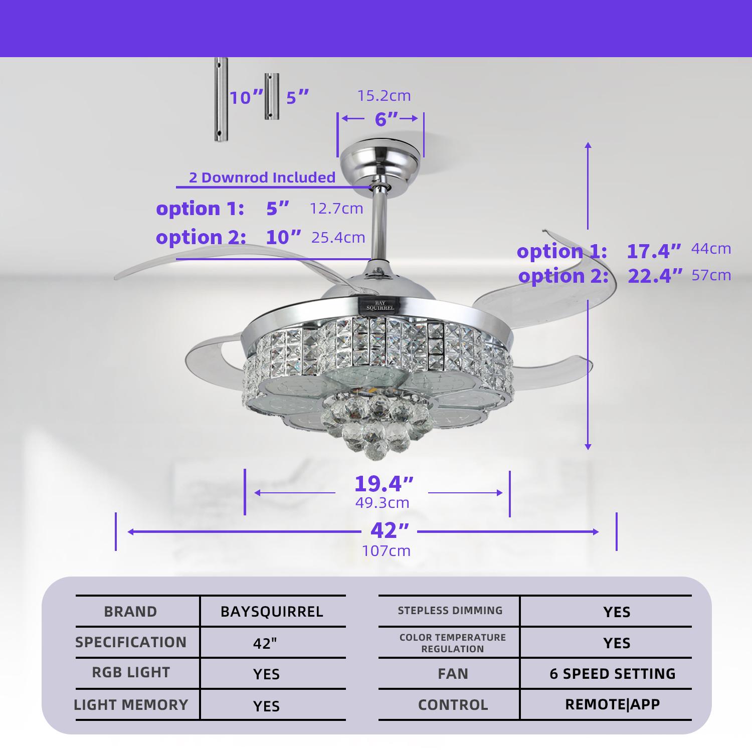 BAYSQUIRREL Retractable Crystal Ceiling Fan with Speaker,Remote/APP Control, 6 Speed Reversible RGB-LED Light,  Atmosphere Lighting Ambient Decoration Lamp, Excellent Gifts Changing Nightlight