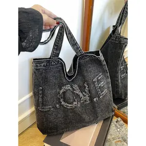 Unisex Large Capacity Letter Design Denim Tote Bag, Casual Fashion Handheld Shoulder Bag, Boho Work Bags for Daily Use, Office Commute
