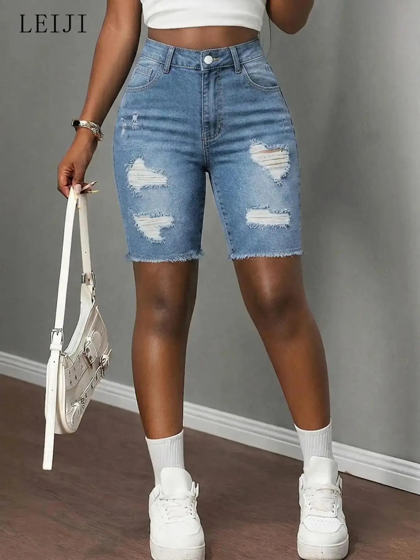 Women's Summer Denim High Waisted Jeans, Casual Fashion Elasticity High-Waist Slim Fit Pants, Washed Blue Ripped Design, Style Womenswear Bottom oversized figure flattering trending now versatile