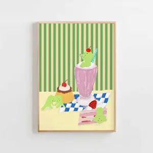 Cafe Smiski Illustrated Poster - Canvas - Japan Food Sweet Cake Milkshake Dessert Pink Kawaii Sunday Series Yoga Cheer Green Cute Matcha Kawaii