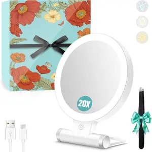 Magnifying Mirror with Light 20X/1X,Double Sided Tabletop Mirror with Adjustable Folding Handle,Cosmetic Mirror for Makeup/Travel, Tweezing, and Blackhead/Blemish Removal (9"L x 7"W)