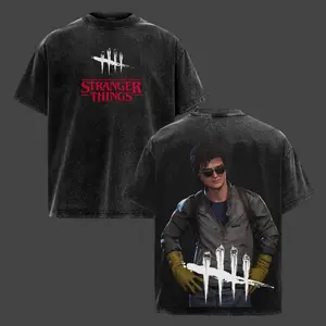 Stranger Things x Dead by Daylight Washed Vintage T-Shirt: Retro Horror Gaming Graphic Tee, Oversized Unisex Streetwear for Fans and Gamers, Perfect Halloween Look or Everyday Casual Gift