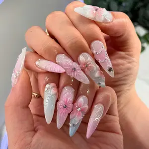 Pink 3D Flower Press On Nails, Long Stiletto Handmade Nails, Elegant Bridal Nails, Pastel Floral Nail Art, Custom Fake Nail, Spring Nail Set