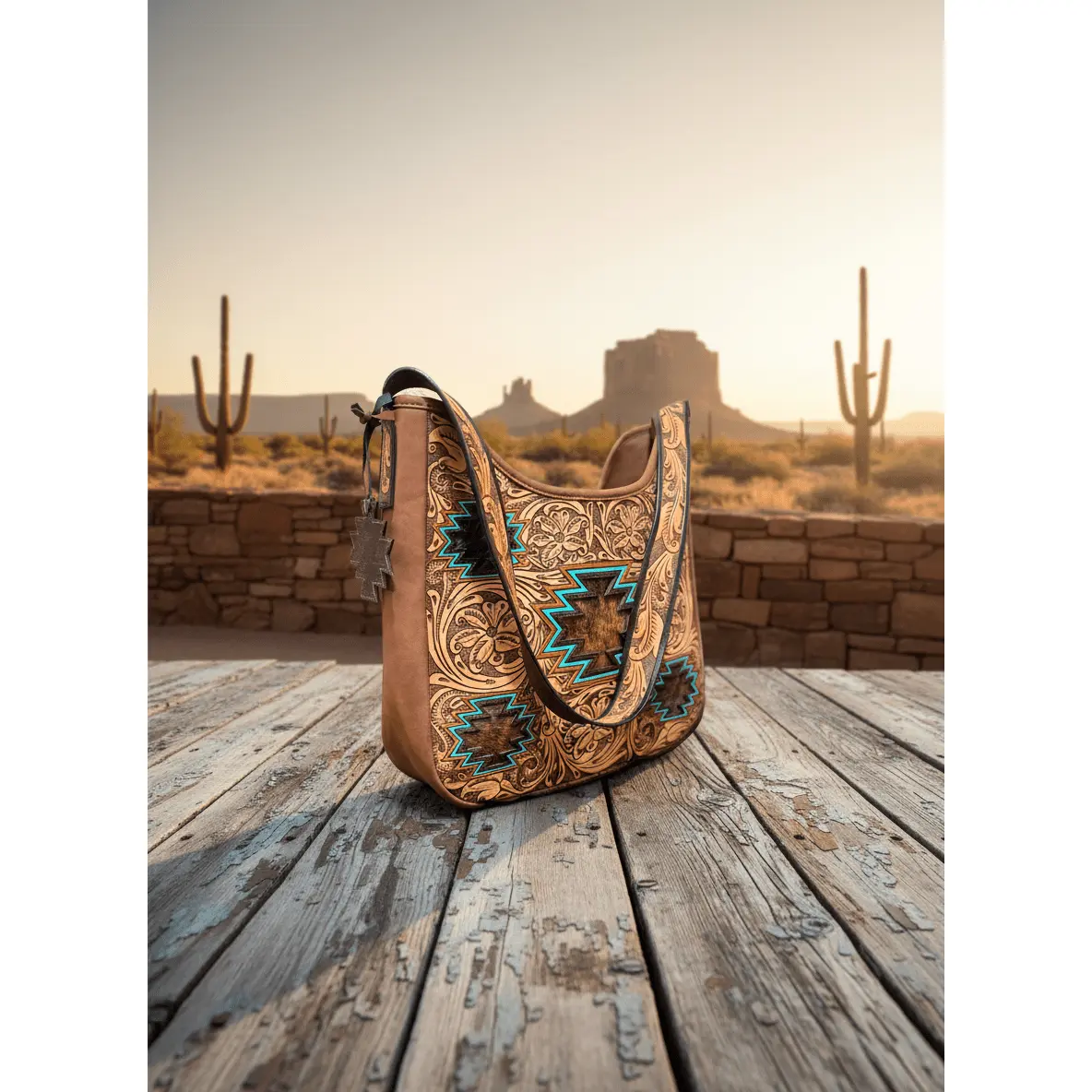 Women's Western Tooled Leather Crossbody Shoulder Purse - Hide-On Aztec Inlay Convertible Handbag for Rodeo Events, Leather Crossbody Bags, Crossbody Shoulder Purses