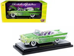 957 Chevrolet Bel Air Convertible Green Met w/Flame Graphics & Purple & White Interior 1/64 Diecast Model Car by M2 Machines
