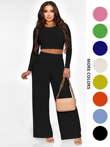 Two-piece Set Women's Solid Textured Fitted Crop Top & Wide Leg Pants, Casual Fashion Cozy Round Neck Long Sleeve Top & High Waist Trousers for Daily Outdoor Wear, Women's Clothing for Fall & Winter