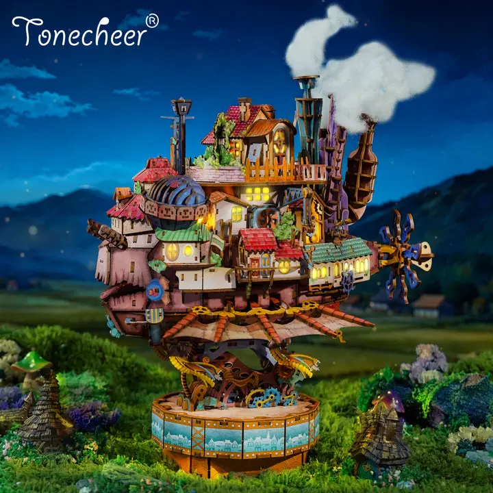 TONECHEER Expert DIY 3D Puzzle Mechanical Art Fantasy Theme Transmission Model Kit - Walking Castle, 13+ Ages, 20 Warm LED Bulbs, Built-in Music Box, Touch Control, Detachable House, Collectible Display, Type-C, No Glue Included