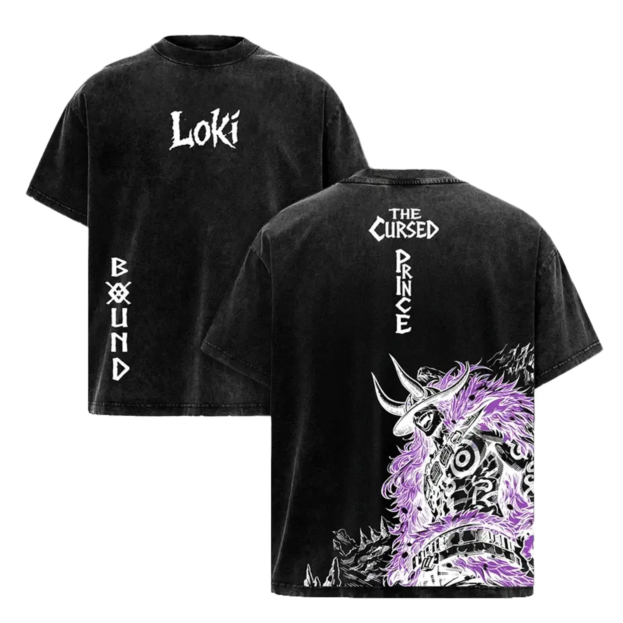 Loki Washed Tee – One Piecee Anime Elbaf Giant Prince Manga Graphic Double Printed T-Shirt, Menswear Heavy Cotton Unisex Oversize Streetwear Vintage Anime Tee