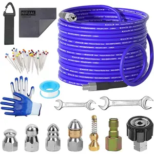 NIFUAL 100FT Sewer Jetter Kit for  Washer, 5800PSI Drain Cleaner Hose 1/4 Inch NPT Corner, Rotating and Button Hose Sewer Jetting Nozzle  Tape  Corsage Pin Spanner Glove