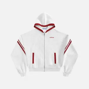 Aelfric Eden Boxy Stripe Zip Up Hoodie Red-White Contrast Stripe Design Hooded Zip-Up Closure Mini Brand Soft Fabric Retro Sporty Streetwear Unisex Outerwear