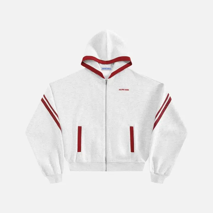 Aelfric Eden Boxy Stripe Zip Up Hoodie Red-White Contrast Stripe Design Hooded Zip-Up Closure Mini Brand Soft Fabric Retro Sporty Streetwear Unisex Outerwear
