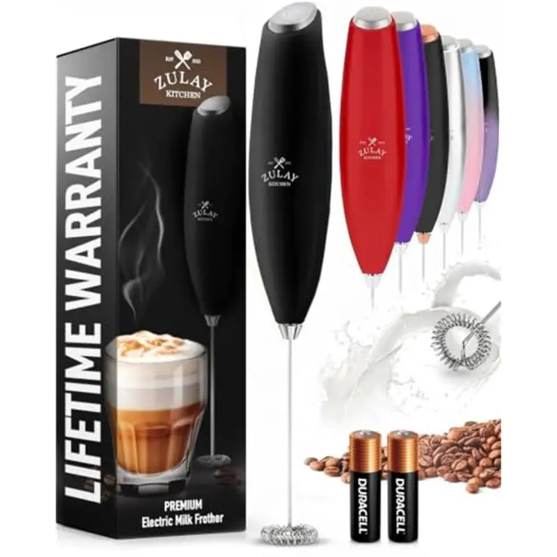 Milk Frother Handheld Electric Whisk – Frother Wand with 2 Duracell Batteries, Durable Drink Mixer, Coffee Frother, Hand Blender, Frother for Protein Powder, Matcha & More - Black