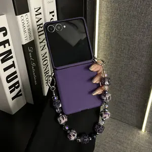Korean Toothpick Pattern Purple Phone Case with Retro Leopard Print Chain for Samsung Galaxy Z Flip7 Flip7fe Flip6 ZFlip5 Cover