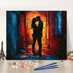 1Pc Couple's Passionate Kiss in Alley, Neon & Broken Glass DIY Paint by Numbers, Diy Decorative Painting 16x20 Inch Unframed Acrylic Coloring Urban Neon Romantic Style Home Decor, Valentine's Day/Anniversary/Couple Gift