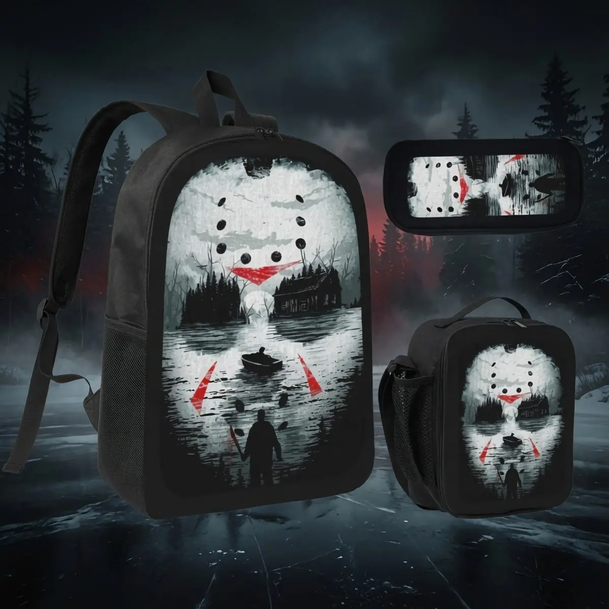 Friday the 13th Jason Voorhees 3Pcs Backpack Set, 17 Inch Teen Student Bookbag with Lunch Box & Pencil Case, Horror Lake Cabin Mask Silhouette Print Oxford Rucksack, Spooky Halloween School Bag Gift For Horror Movie Fans Daily Travel Use