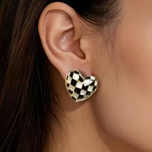 Gold Heart Stud Earrings for Women, 18K Gold Plated Checkered Earrings Enamel Black White Checkerboard Teacher Earrings for Women Trendy Minimalist Fashion Jewelry Gifts